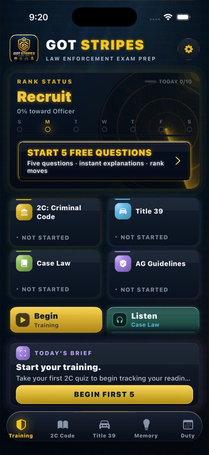 Home screen: rank status and the four study modules