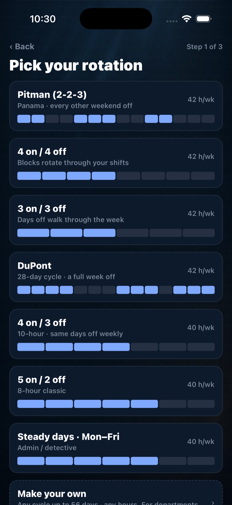 Duty Hub setup: pick your rotation (Pitman, 4 on/4 off, DuPont and more)