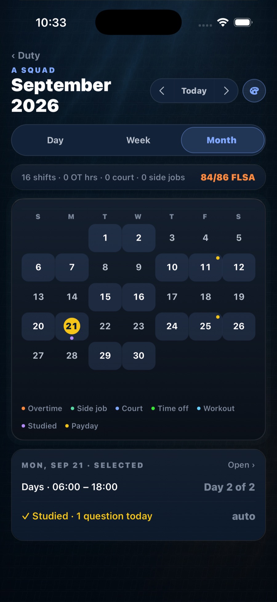 Duty Hub month calendar with shifts, overtime, court and payday markers