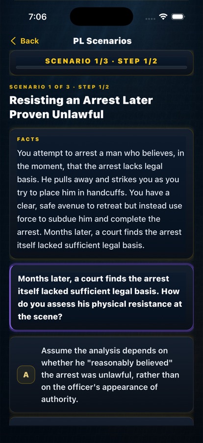Branching scenario screen (New York Penal Law)